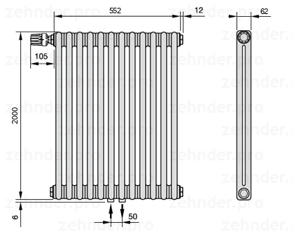 Схема (чертеж) Радиатор Zehnder Charleston 2200/12 №V007 Белый глянцевый RAL 9016